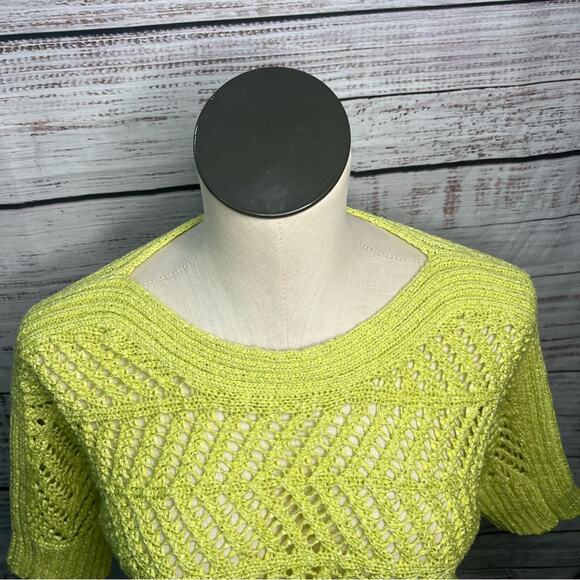 Chico's Size 1 Medium Open Knit Sweater Lime Green Half Sleeve Coastal Summer - Picture 6 of 9